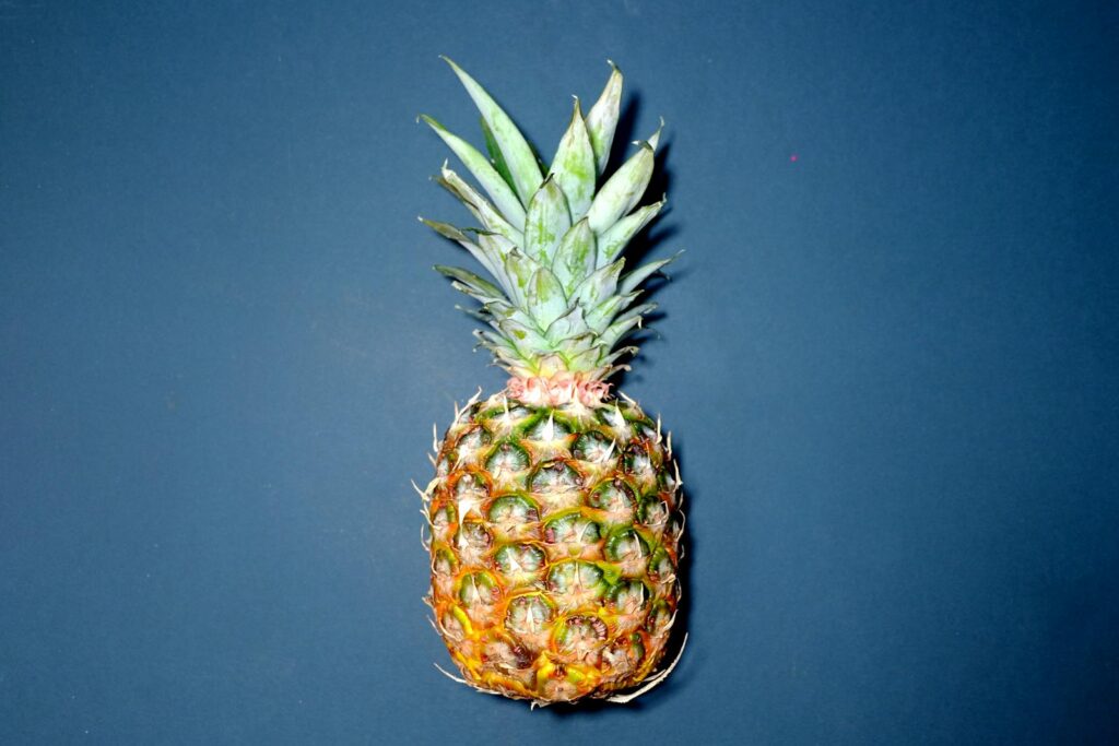 High-quality image of a fresh pineapple on a blue background, highlighting tropical healthiness.