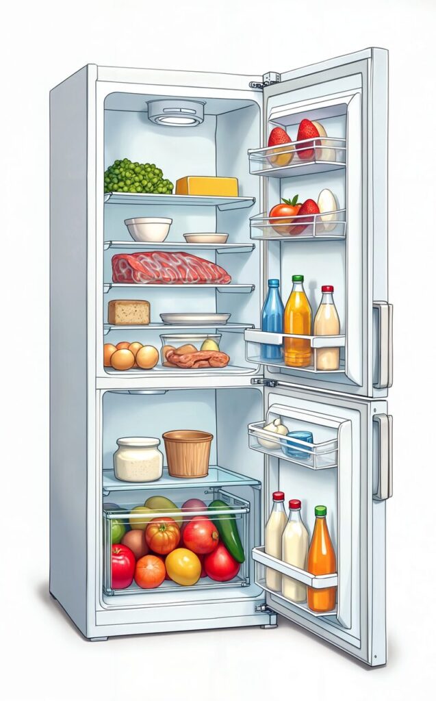 ai generated, fridge, refrigerator, food, storage, grocery store, cold, home appliance